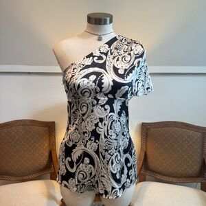 CACHE Y2K Silk Paisley One-Shoulder Party Top, Side Zip